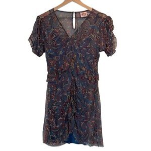 Juicy Couture Paisley Print Sheer Dress, 100% Silk, Short Sleeves,Mini Length, 4